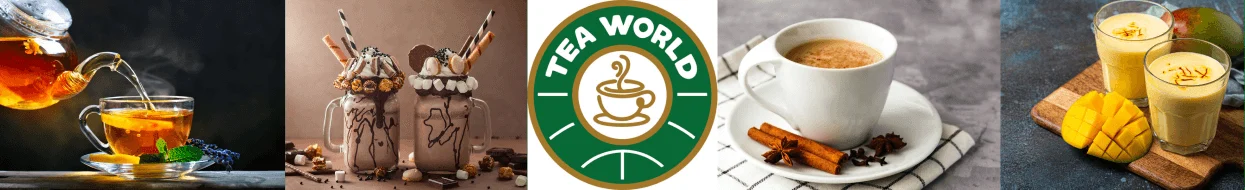 Tea World beverage collage with tea, milkshakes and mango lassi