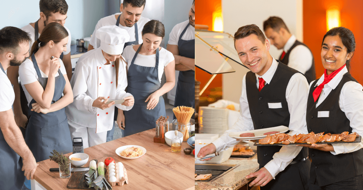 Restaurant chefs checking an order on a phone and servers carrying plated food