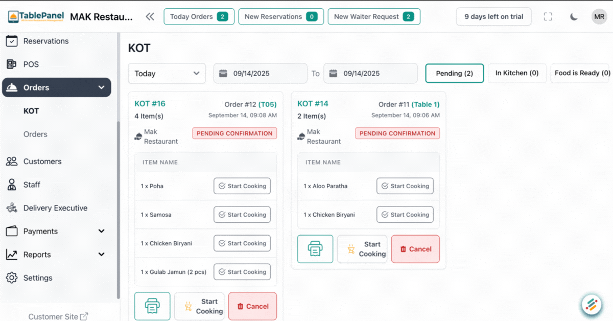 TablePanel kitchen order ticket screen listing pending orders with start cooking actions