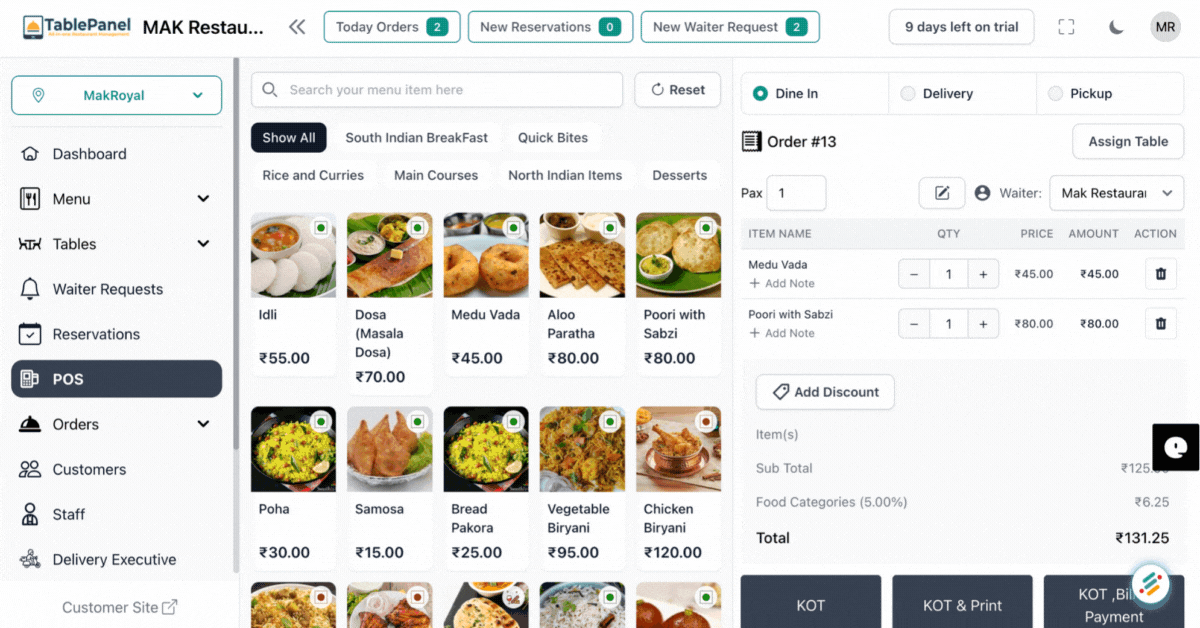 TablePanel sales report showing total sales, order counts, taxes and payment methods